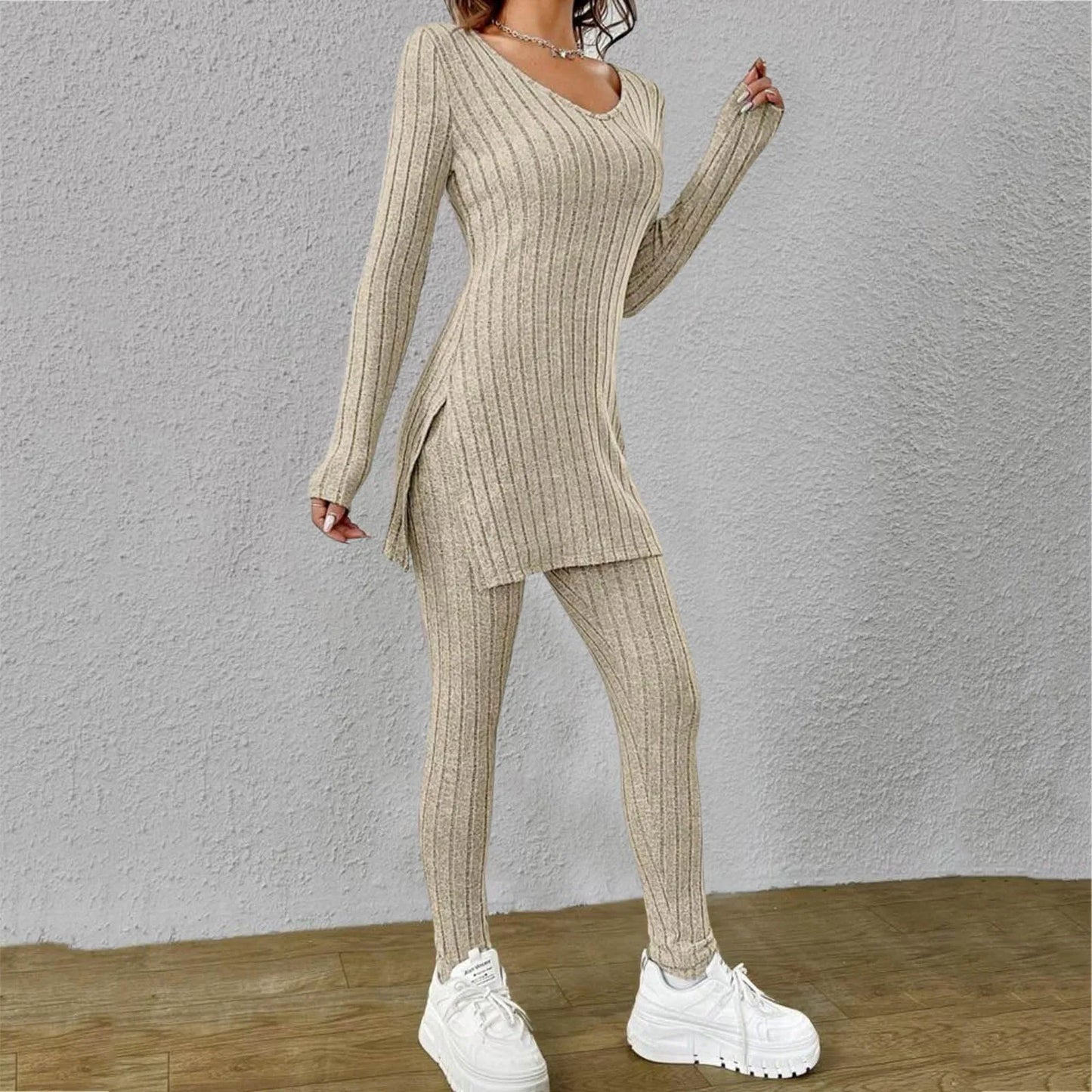 Spring Fashion Knit Suits 2024 Casual Loose Pullover+Elastic Long Pants Print Knitted Solid Color Two Pieces Sets Clothing