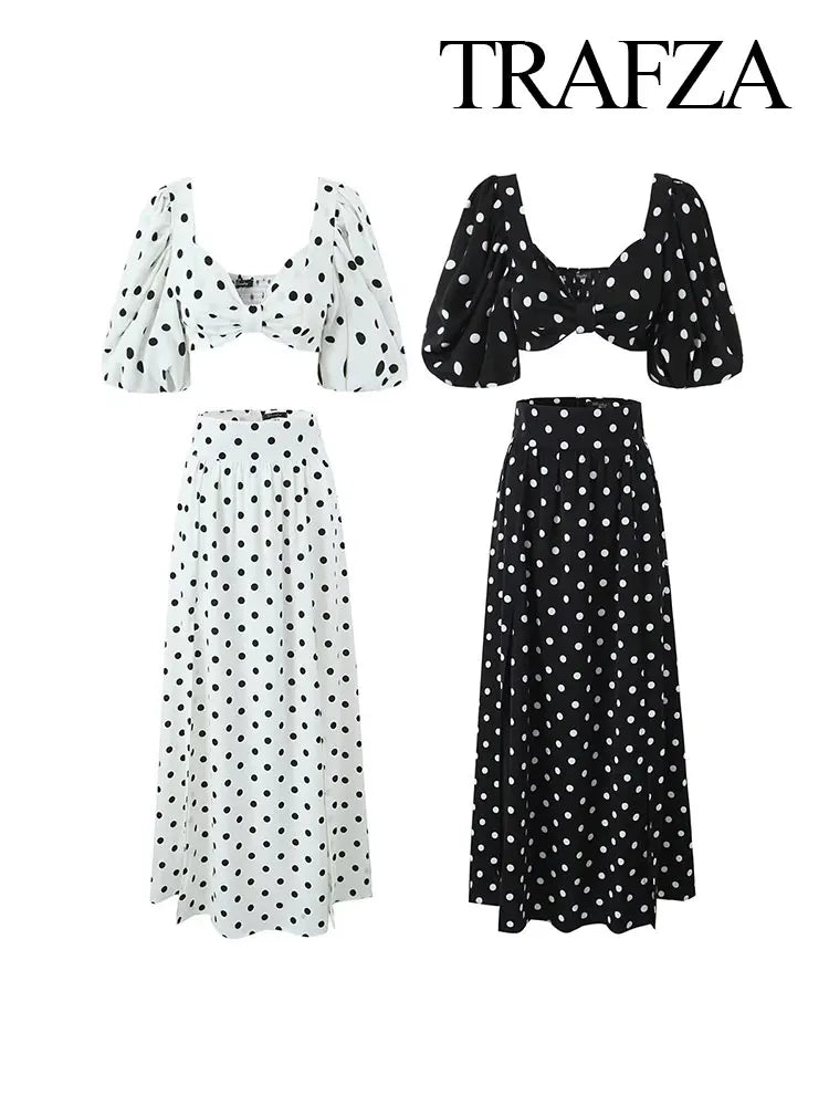 TRAFZA 2024 Female Spring Polka Dots Printed Suit Cropped Short Sleeves Square Neck Top Slit High Waist Chic Skirt Vintage Suit