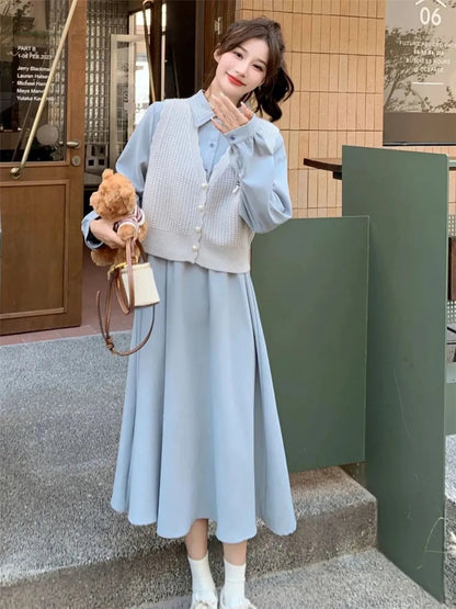 Blue Midi Length Dresses Long Sleeves Wedding Party Dress Sets Clothes For Women Basic Women'S Skirt Vintage Clothing Korean