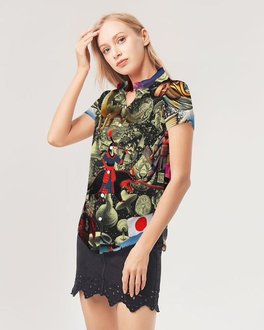 Trendy Abstrak Pattern Women's All-Over Print Short Sleeve Button Up