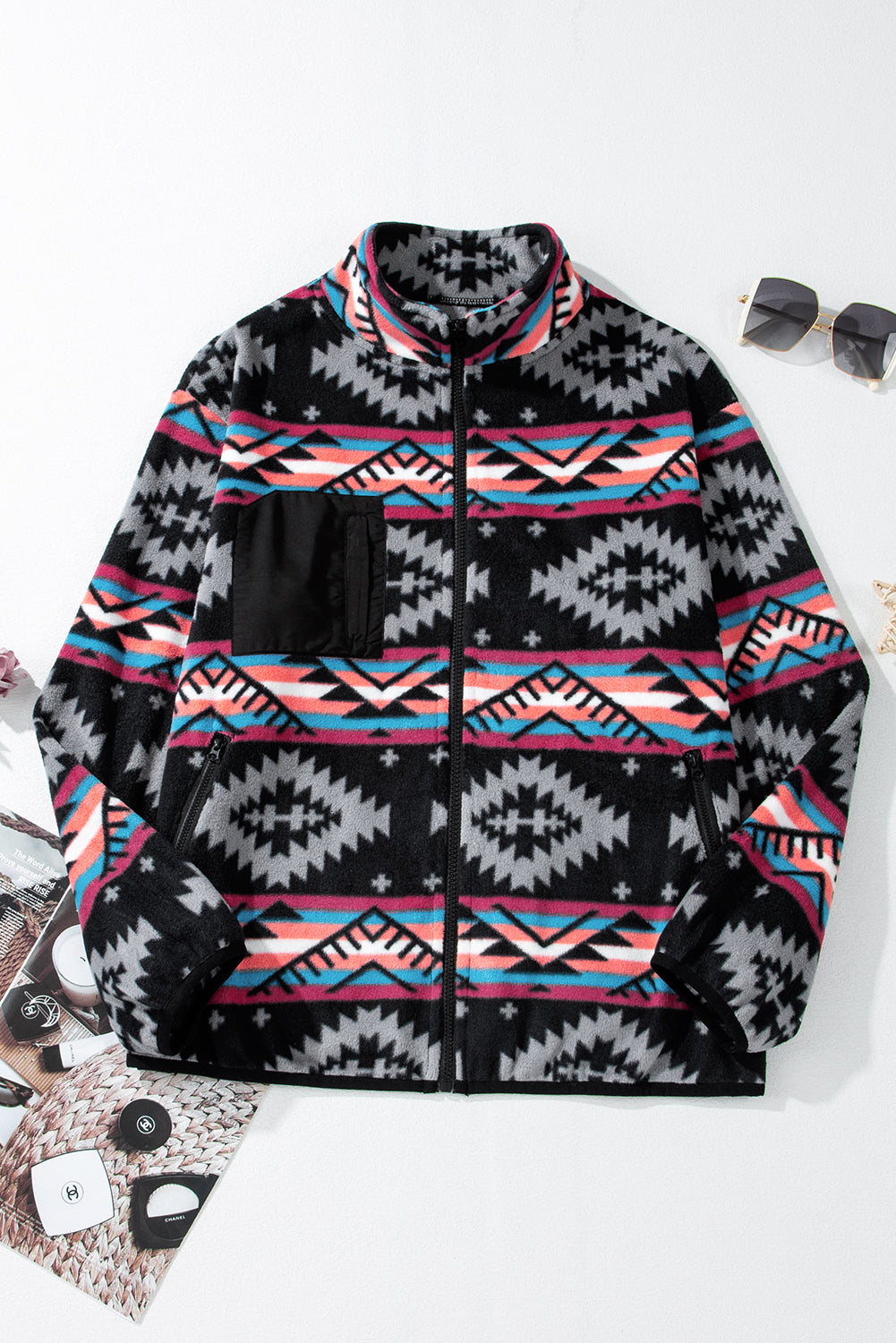 Black Aztec Printed Zip Up Collar Jacket