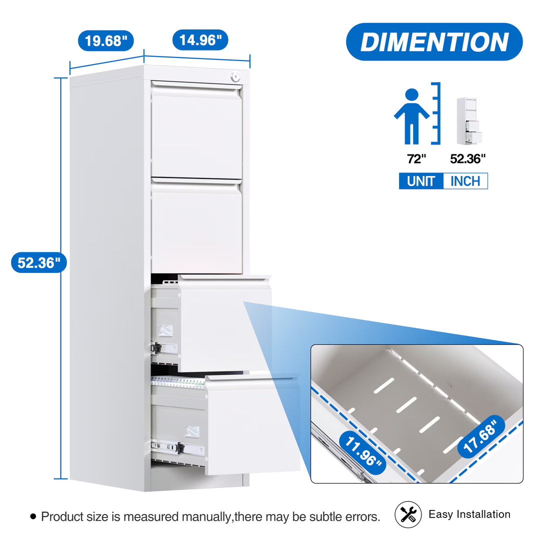 Metal Vertical File Storage Cabinet With 4 Drawer,Office Home Steel Lockable Vertical File Cabinet For A4 Letter Legal Size, 14.96inch W X 17.72inch D X 52.36inch H, Assembly Required White