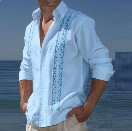 Fashion Print Long Sleeve Shirt Men Casual Loose Button Lapel Tops Seaside Cool Beach Shirt