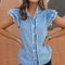 Beau Blue Button Front Ruffled Flutter Frayed Denim Top