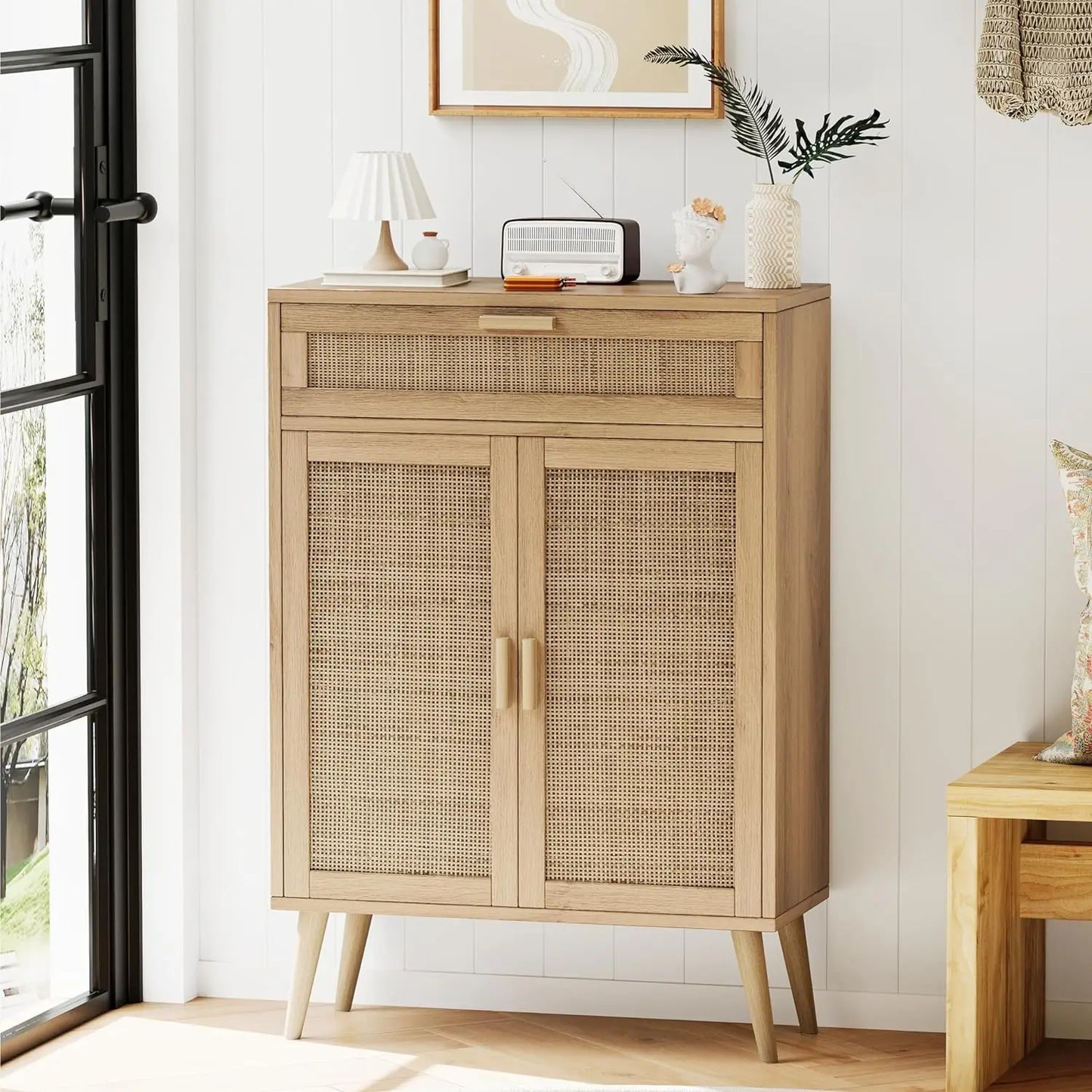 Accent Floor Storage Cabinet with Rattan Doors, Bathroom Cabinet with Large Drawer, Freestanding Storage Cabinet Organizer,