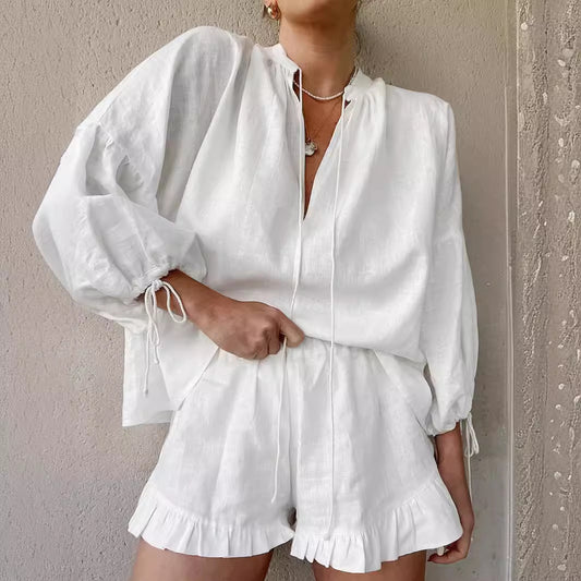 Lace-up Suits Loose V-neck Lantern Sleeve Top And Ruffles Shorts Solid Two-piece Set Womens Clothing