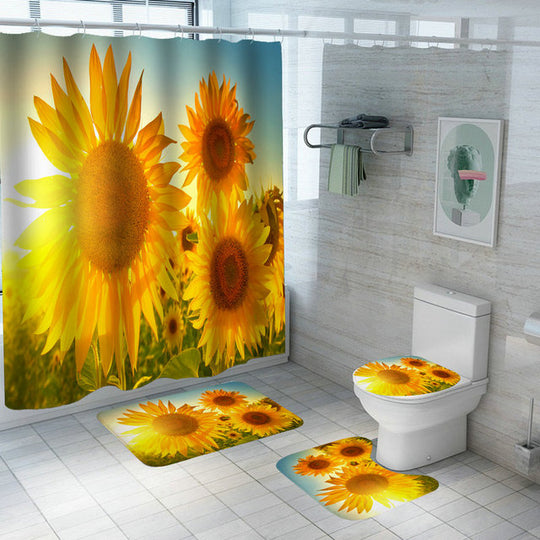 Bathroom Waterproof Non-Slip Polyester Floor Mats Shower Curtains Set