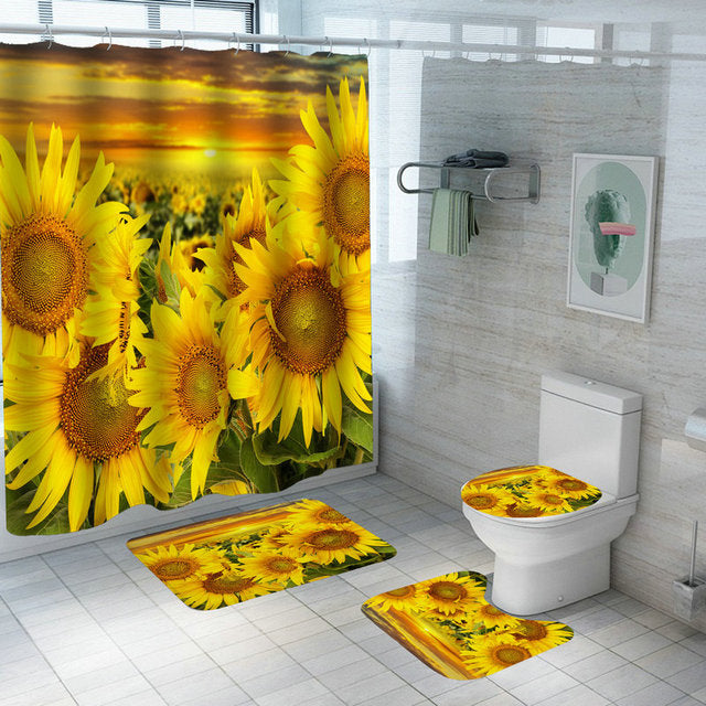 Bathroom Waterproof Non-Slip Polyester Floor Mats Shower Curtains Set