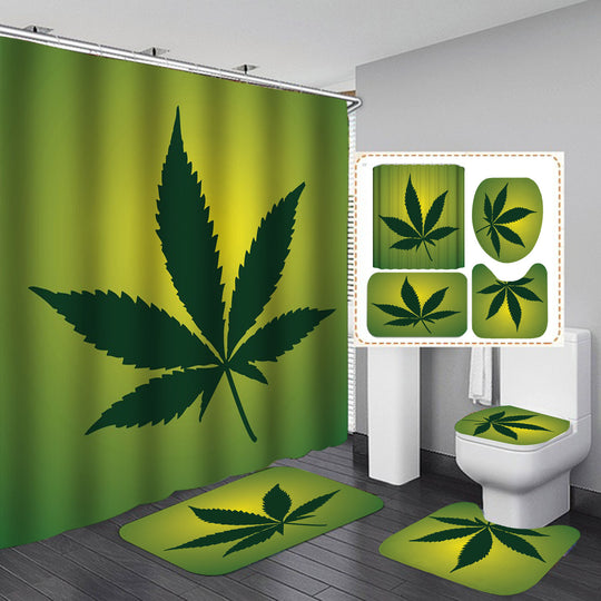 Maple Leaves Printed Bath Shower Curtain Toilet Cover Bath Mat