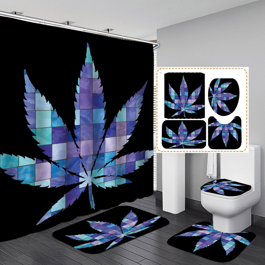 Maple Leaves Printed Bath Shower Curtain Toilet Cover Bath Mat