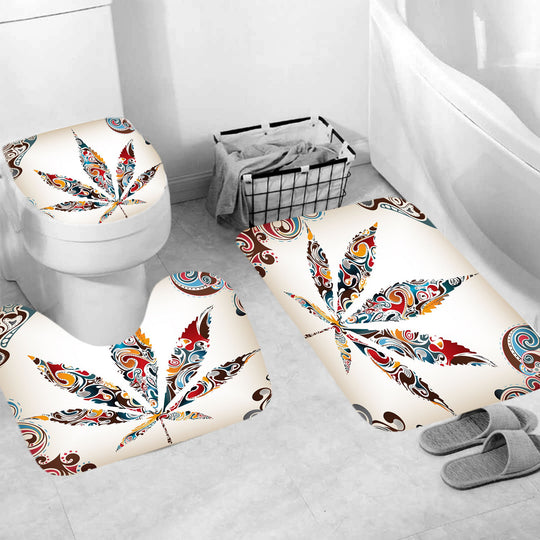 Maple Leaves Printed Bath Shower Curtain Toilet Cover Bath Mat