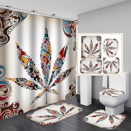 Maple Leaves Printed Bath Shower Curtain Toilet Cover Bath Mat