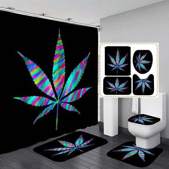 Maple Leaves Printed Bath Shower Curtain Toilet Cover Bath Mat