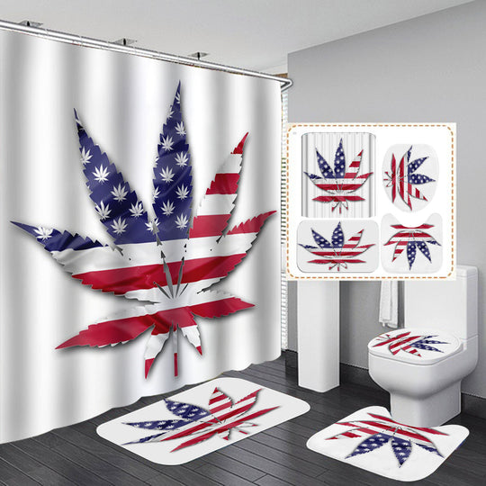 Maple Leaves Printed Bath Shower Curtain Toilet Cover Bath Mat