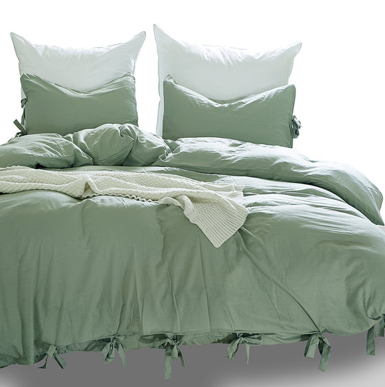 3Pcs Green Bowknot Bow Tie Ribbon Duvet Cover Pillowcases Bedding Set