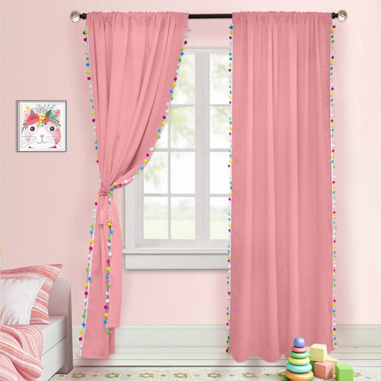 Solid Color Window Curtain With Colorful Pom Pom Tassel