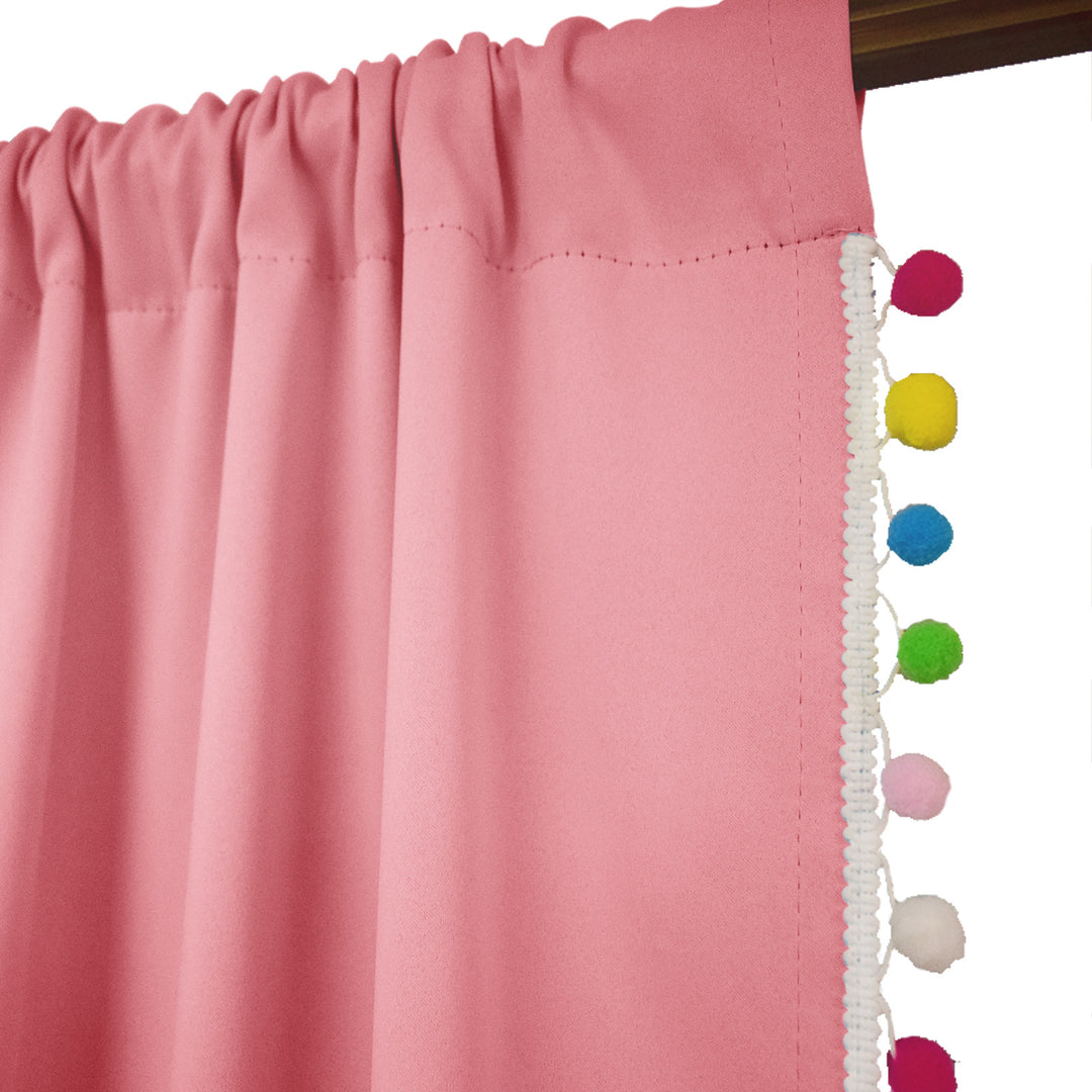 Solid Color Window Curtain With Colorful Pom Pom Tassel