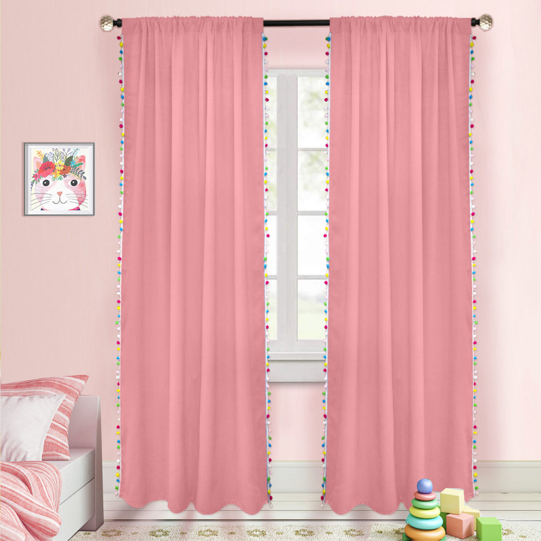 Solid Color Window Curtain With Colorful Pom Pom Tassel