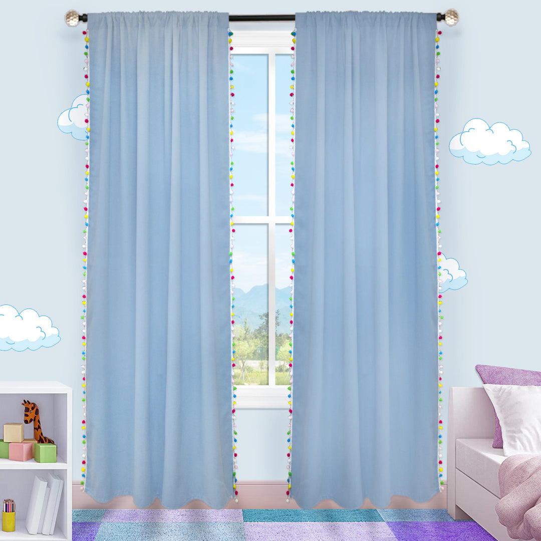 Solid Color Window Curtain With Colorful Pom Pom Tassel