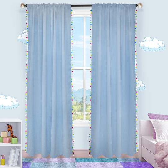 Solid Color Window Curtain With Colorful Pom Pom Tassel